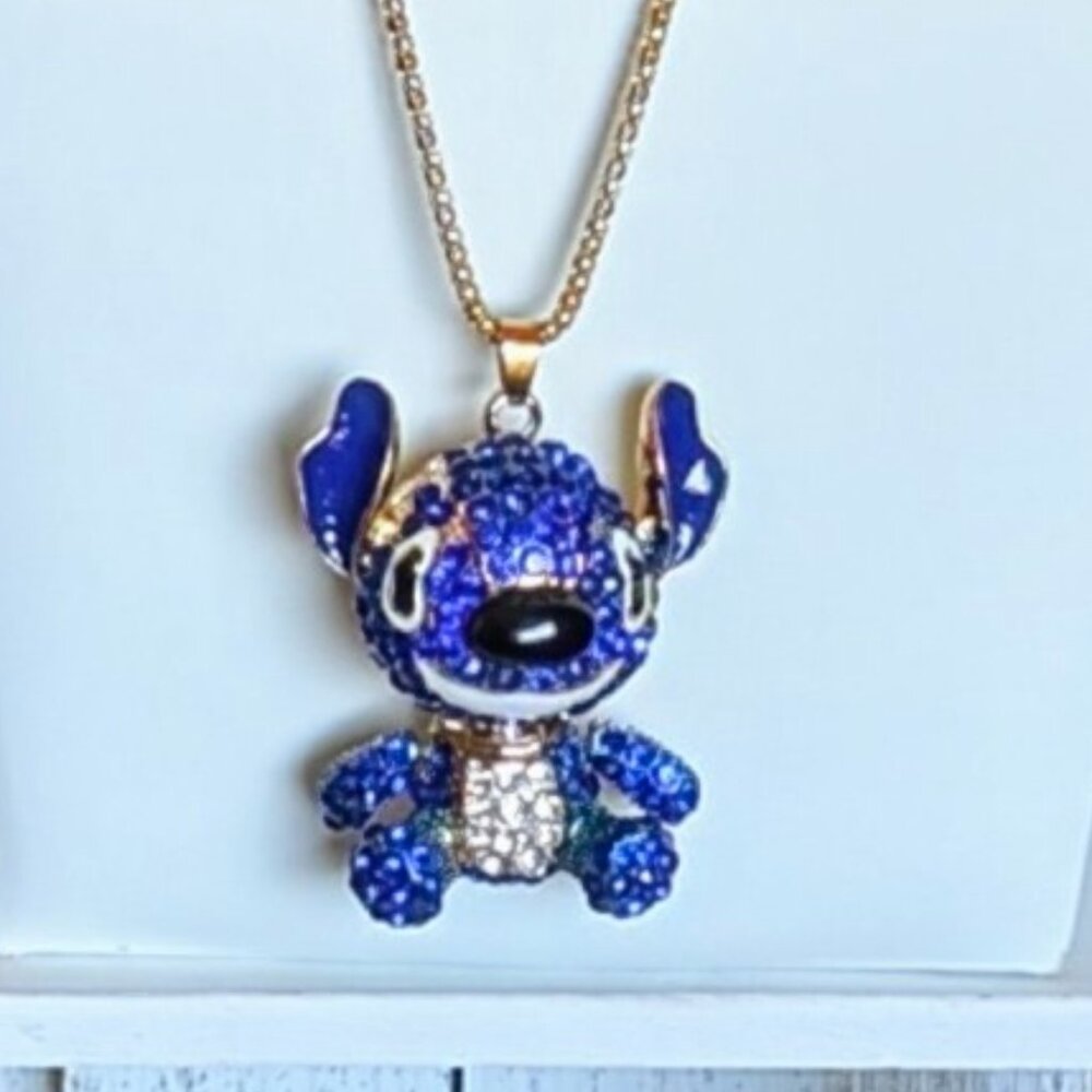 Betsey Johnson Dark Blue Crystal Gold Toned Stitch Necklace - New - Picture 3 of 3